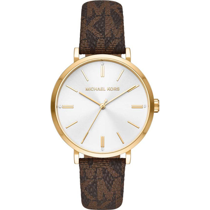 Michael Kors Addyson Gold-Tone Watch - Brown Logo Strap